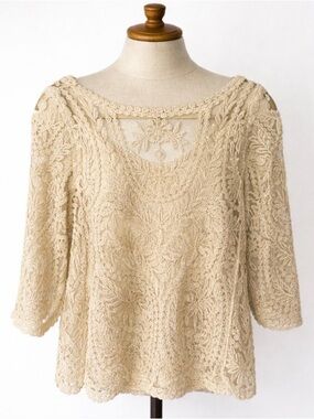 Crochet Lace Top Women’s  S/M Sheer Gold Embroidered Blouse Classic Chic Shirt